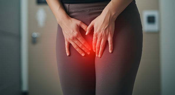 Person holding their stomach with a red highlight indicating pain or discomfort.